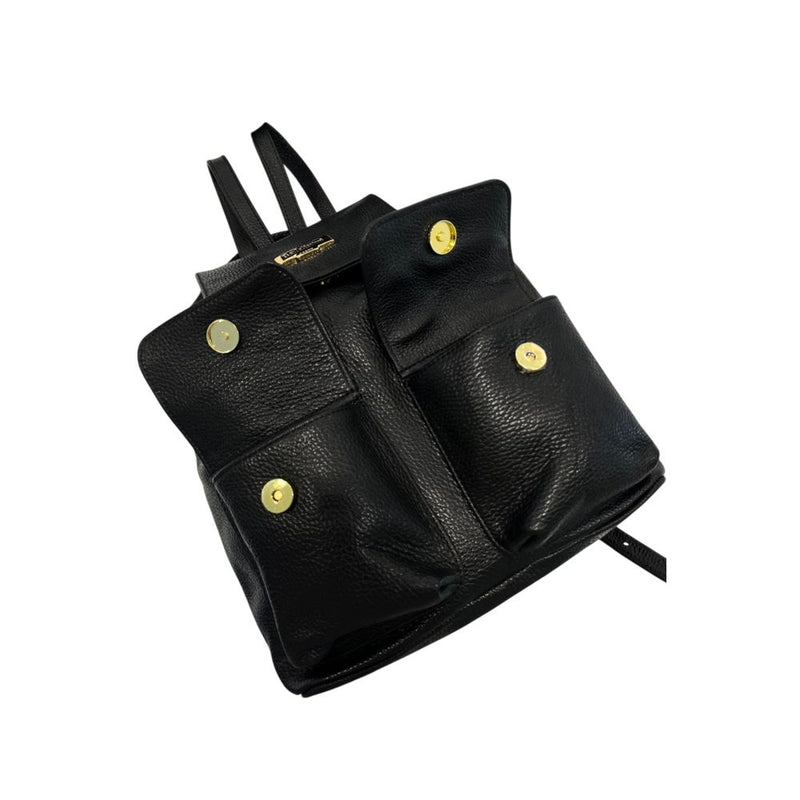Black leather women's backpack with dual front pockets and gold-tone hardware