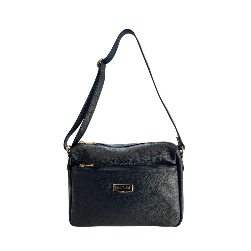Black leather crossbody bag with front zipper pocket and gold logo plaque