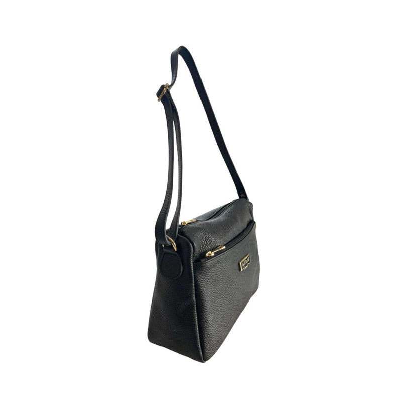 Black textured leather women's crossbody bag with long strap and zipper pocket