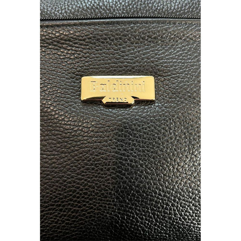 Black textured leather crossbody bag with a gold metal Baldinini Trend logo plaque