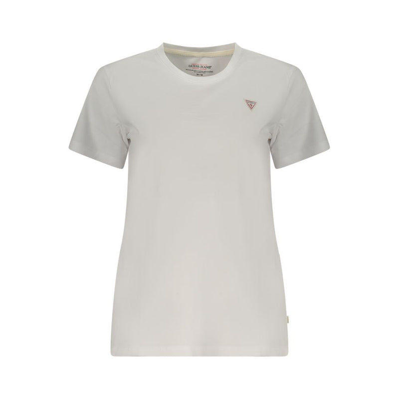 White cotton women's short-sleeve t-shirt with a crew neck and small chest logo