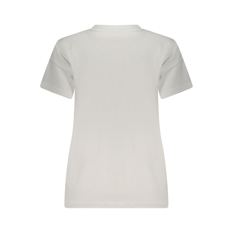 Plain white cotton women's short-sleeve t-shirt viewed from the back