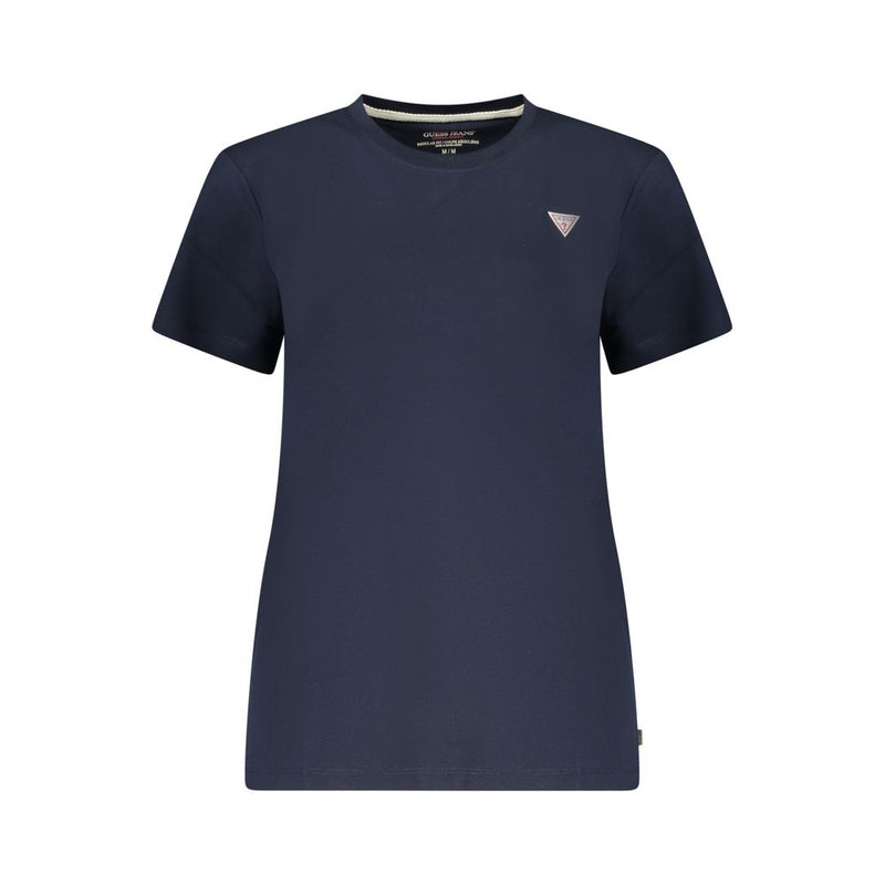Dark blue cotton short-sleeve women's crew neck t-shirt with small chest logo