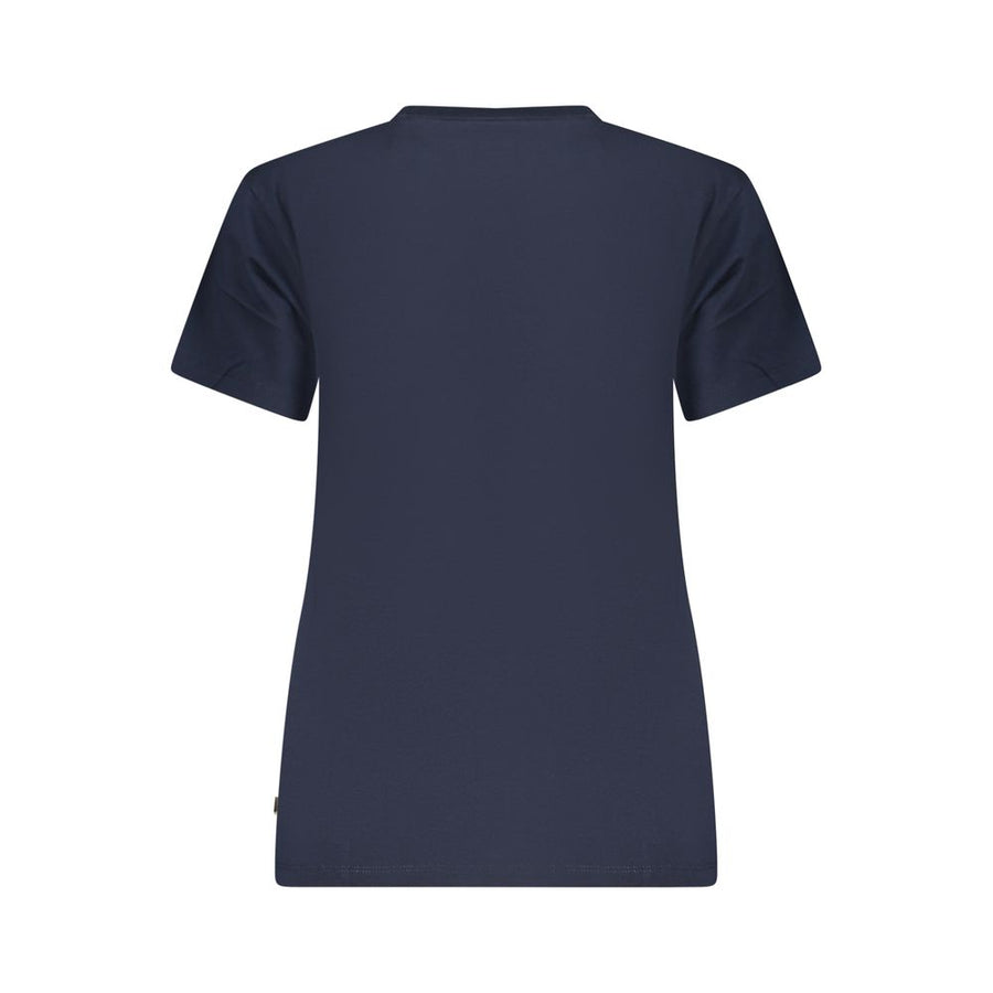 Dark blue cotton short-sleeve women's crew neck t-shirt with small chest logo