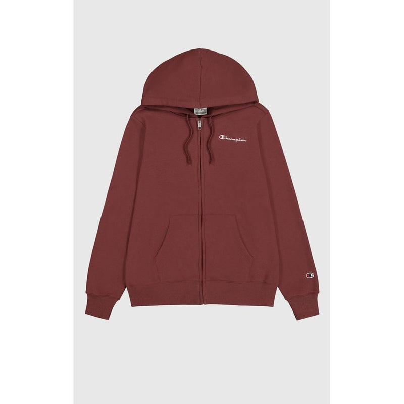 Burgundy cotton zip-up hoodie with front pockets and small white Champion logo on the chest