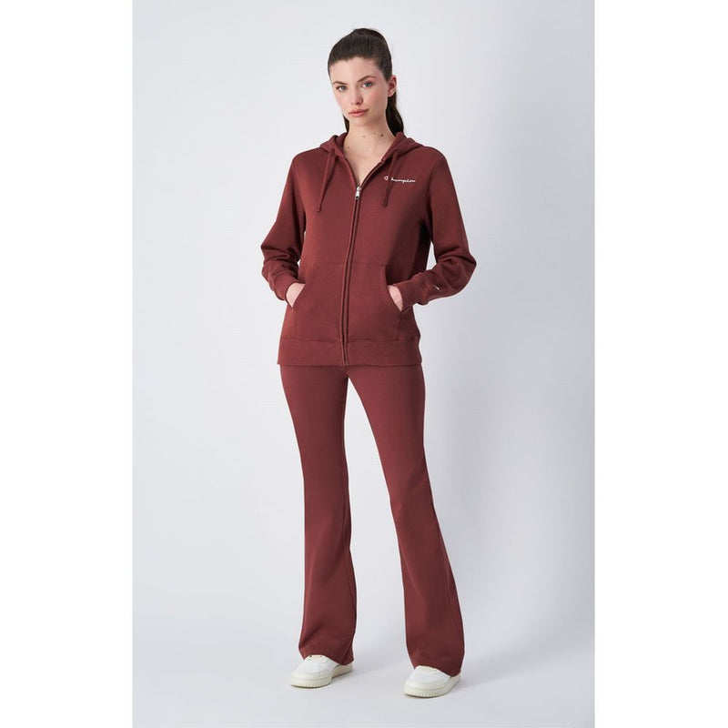 Burgundy cotton zip-up hooded sweatshirt with front pockets and matching flare pants