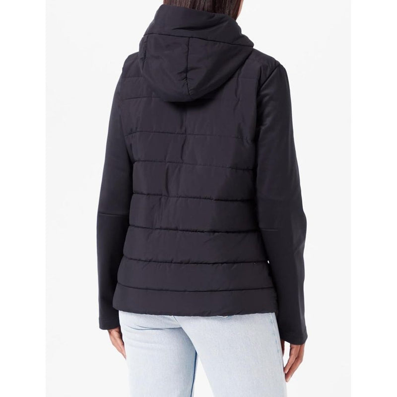 Black polyester hooded shell jacket with quilted back and smooth sleeves worn with light jeans