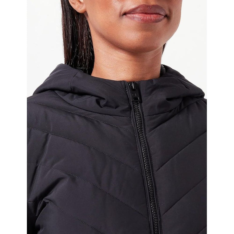 Black quilted polyester hooded shell jacket with a front zipper