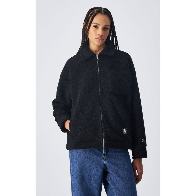 Black fleece zip-up jacket with collar and chest pocket worn by a model