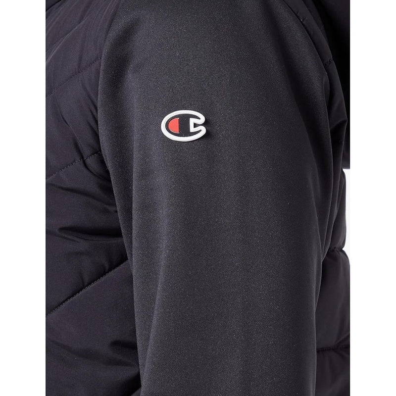 Black polyester shell jacket sleeve with the Champion logo