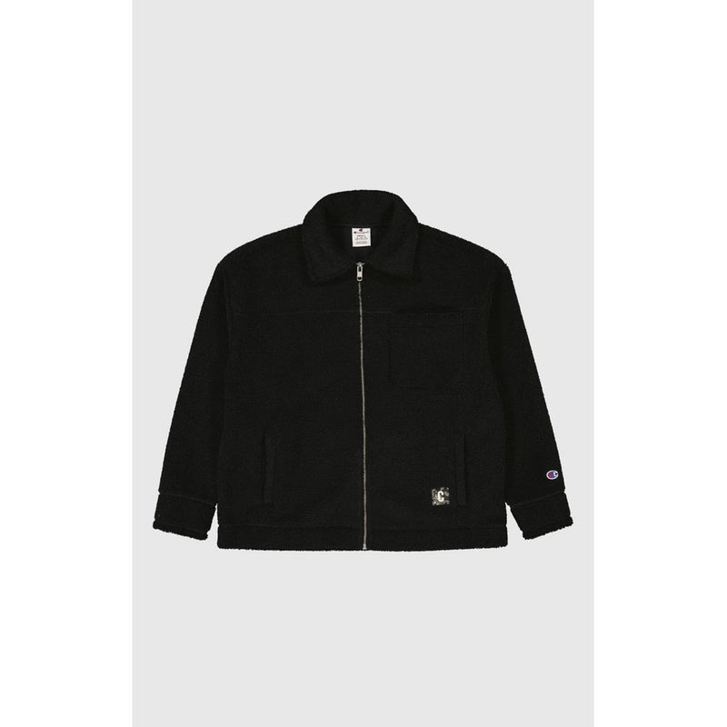 Black fleece zip-up jacket with collar and pockets