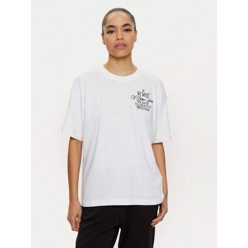 A white cotton t-shirt with short sleeves and black text on the chest