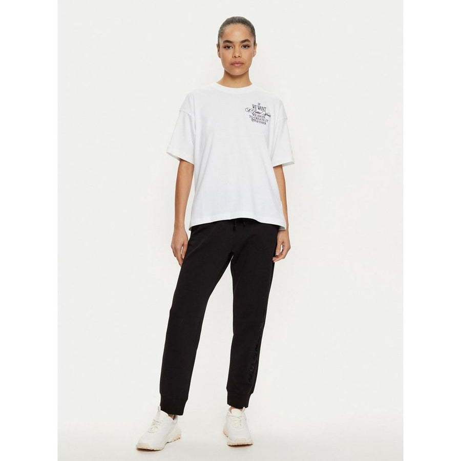 A white cotton t-shirt with short sleeves and black text on the chest