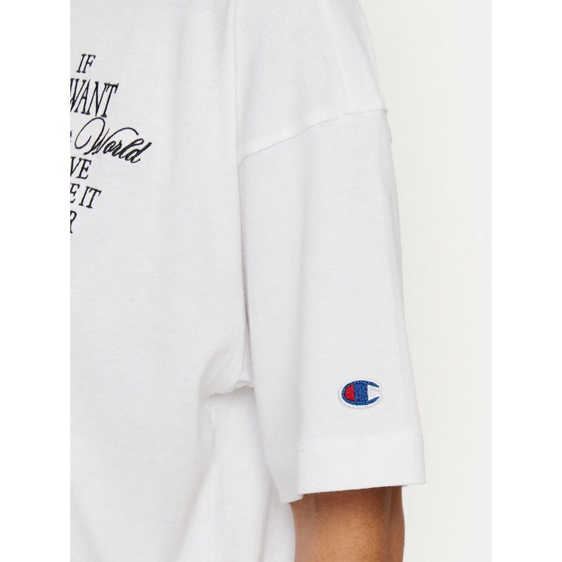 White cotton t-shirt with black text on the chest and an embroidered Champion logo on the sleeve