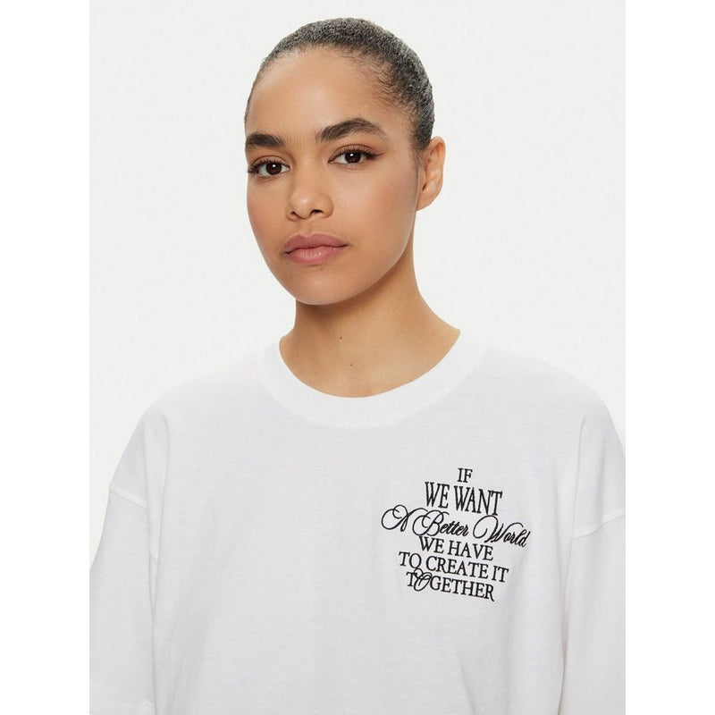 White cotton t-shirt featuring a black text graphic on the chest