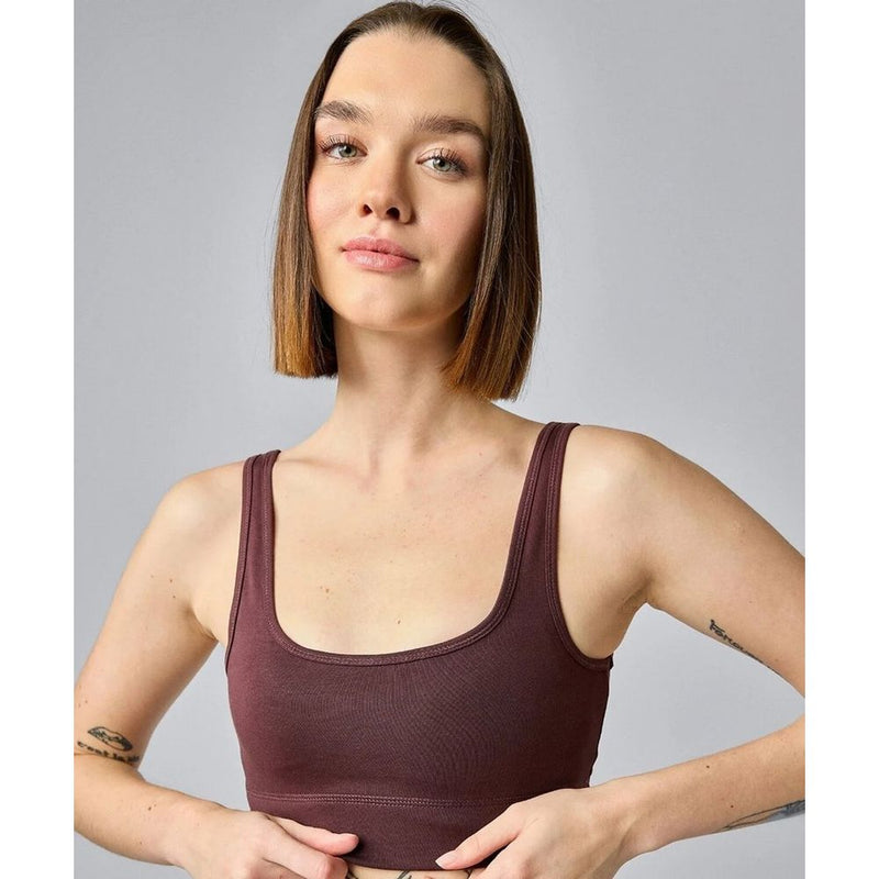 Brown cotton scoop neck bra top worn by a model