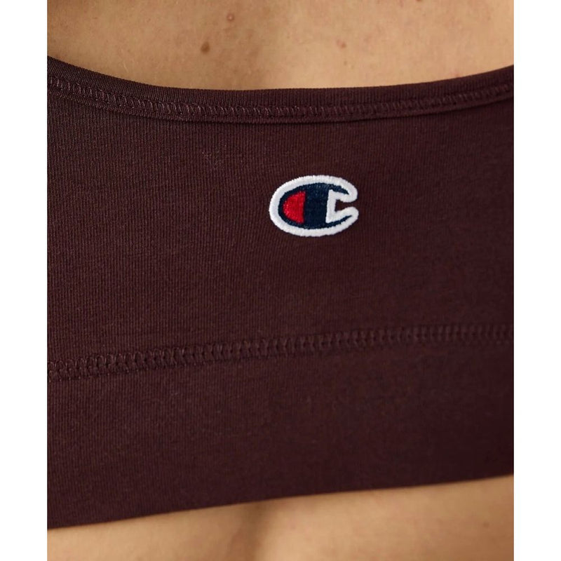 Dark brown cotton Champion sports bra featuring the embroidered brand logo on the front
