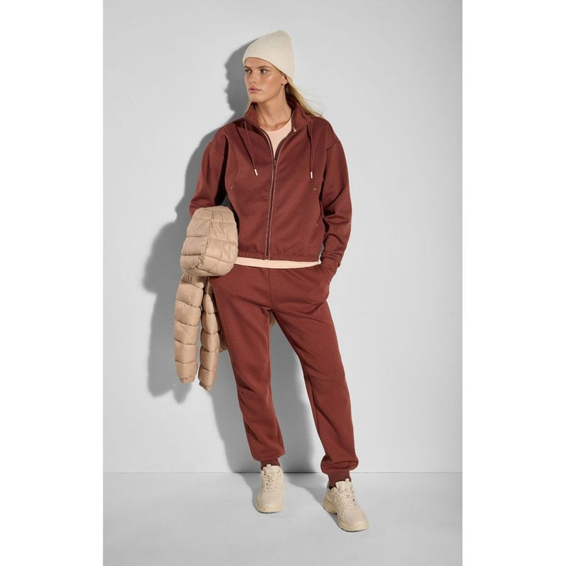 Burgundy polyester zip-up sweatshirt with a high collar worn by a model
