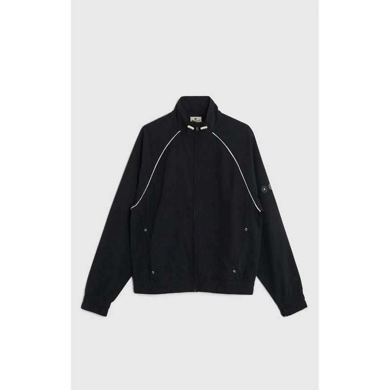 Black nylon zip-up sweatshirt with white piping and high neck