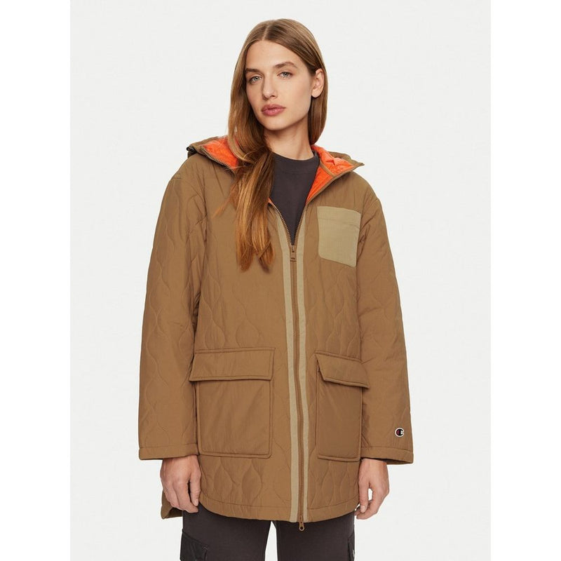 Brown quilted polyamide zip-up hooded sweatshirt with orange lining