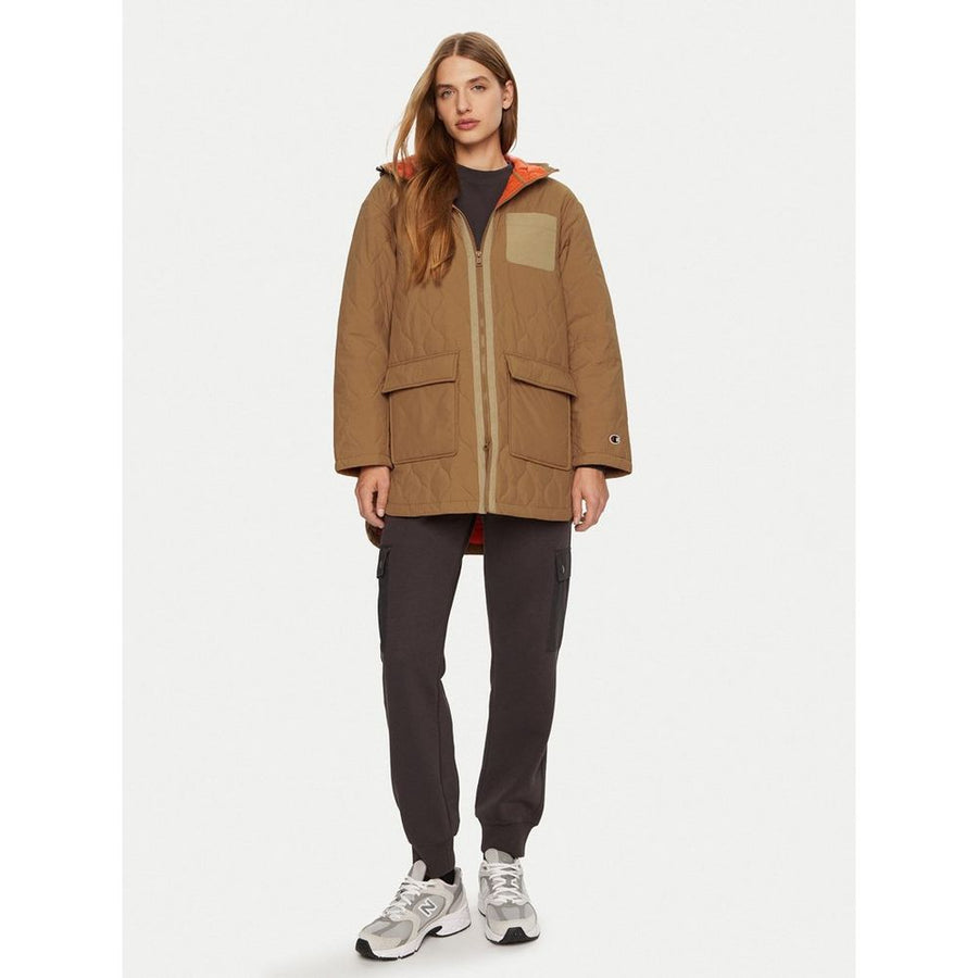 Brown quilted polyamide zip-up hooded sweatshirt with orange lining