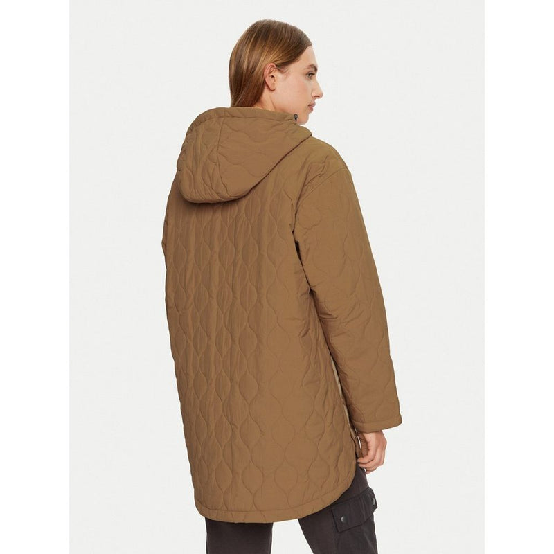 Brown quilted polyamide hooded sweatshirt worn by a woman