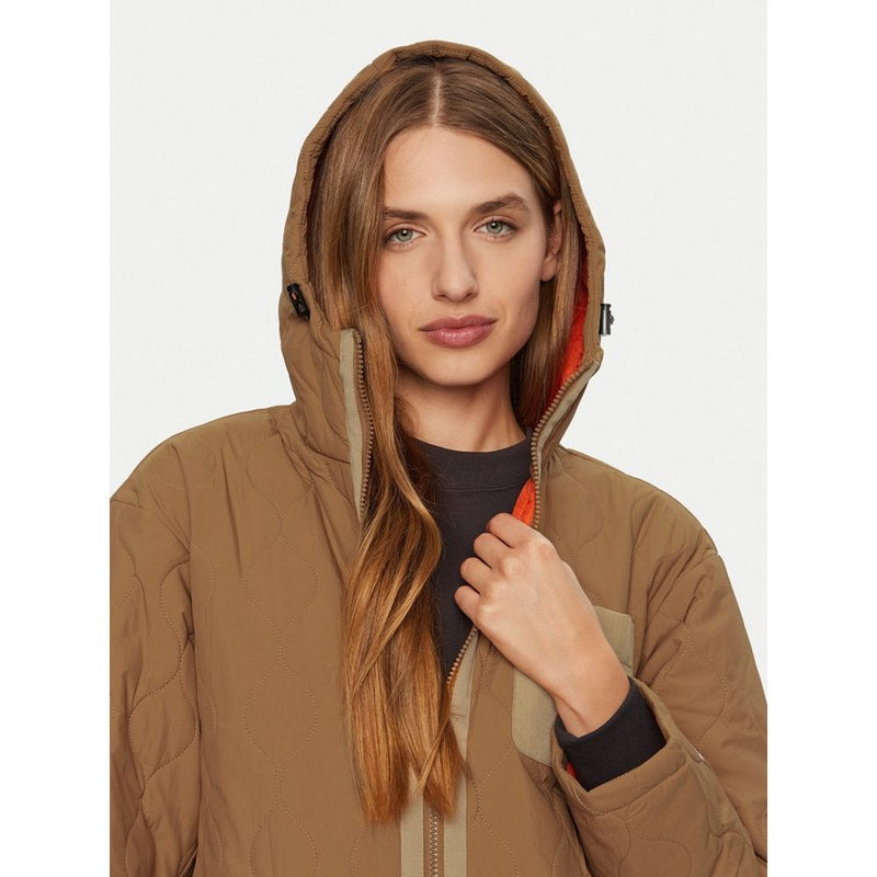 Brown quilted polyamide hooded sweatshirt with orange lining