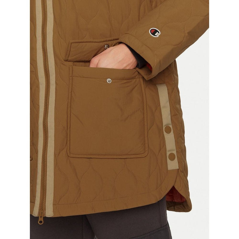 Brown quilted polyamide long sweatshirt with snap pockets and contrast trim