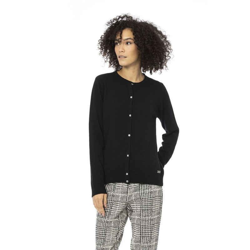 Black knit wool-blend crew neck cardigan with front buttons