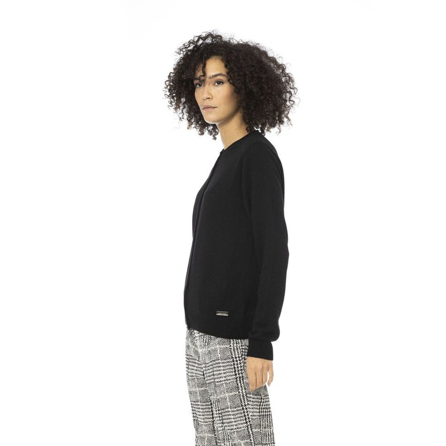 Black knit wool-blend crew neck cardigan with front buttons