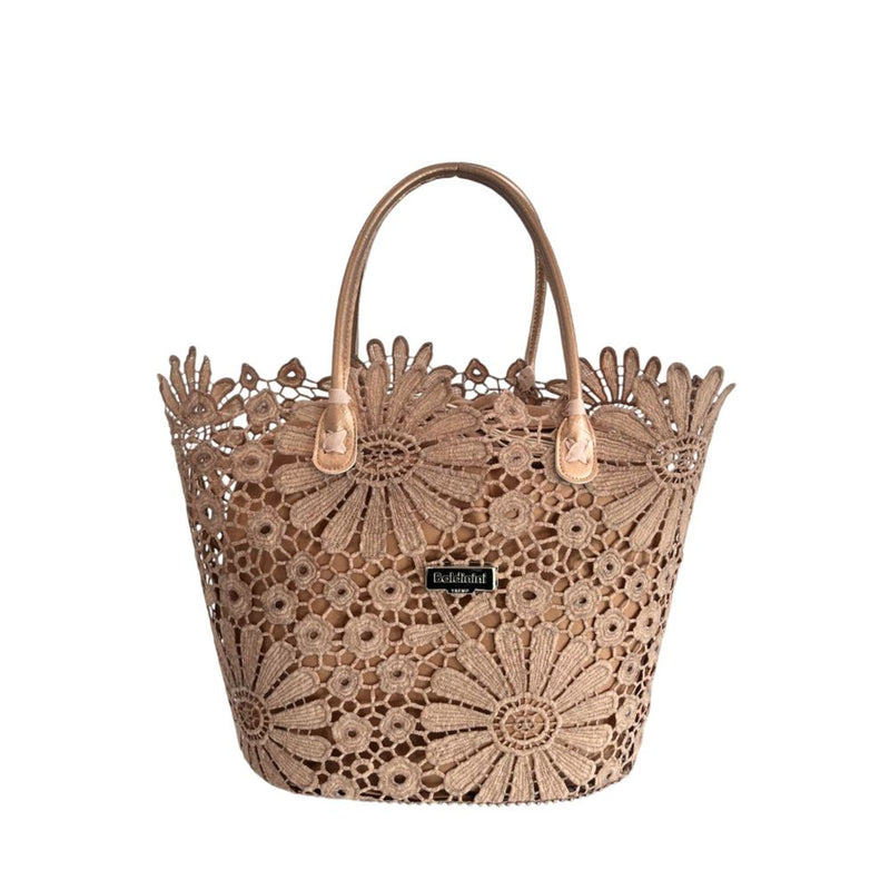 Brown PU leather women's handbag with floral lace overlay and top handles