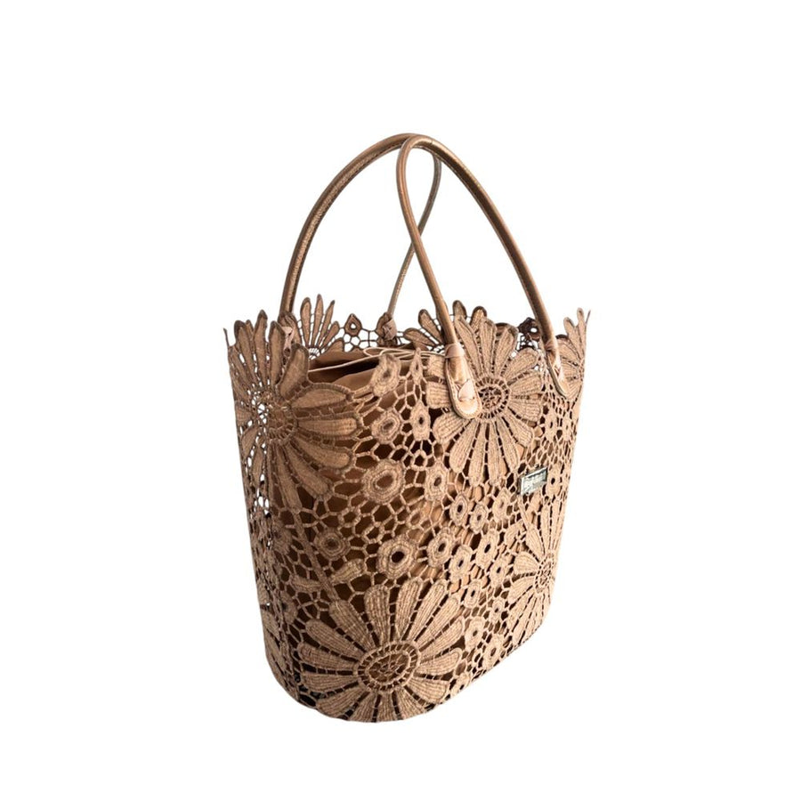 Brown PU leather women's handbag with floral lace overlay and top handles