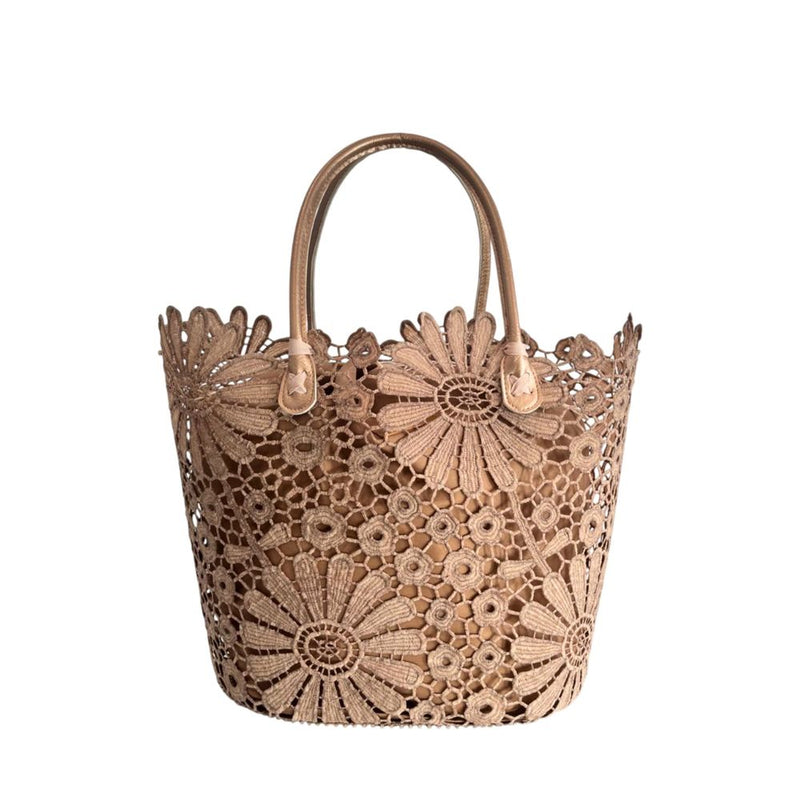 Brown lace tote handbag with top handles and intricate floral patterns