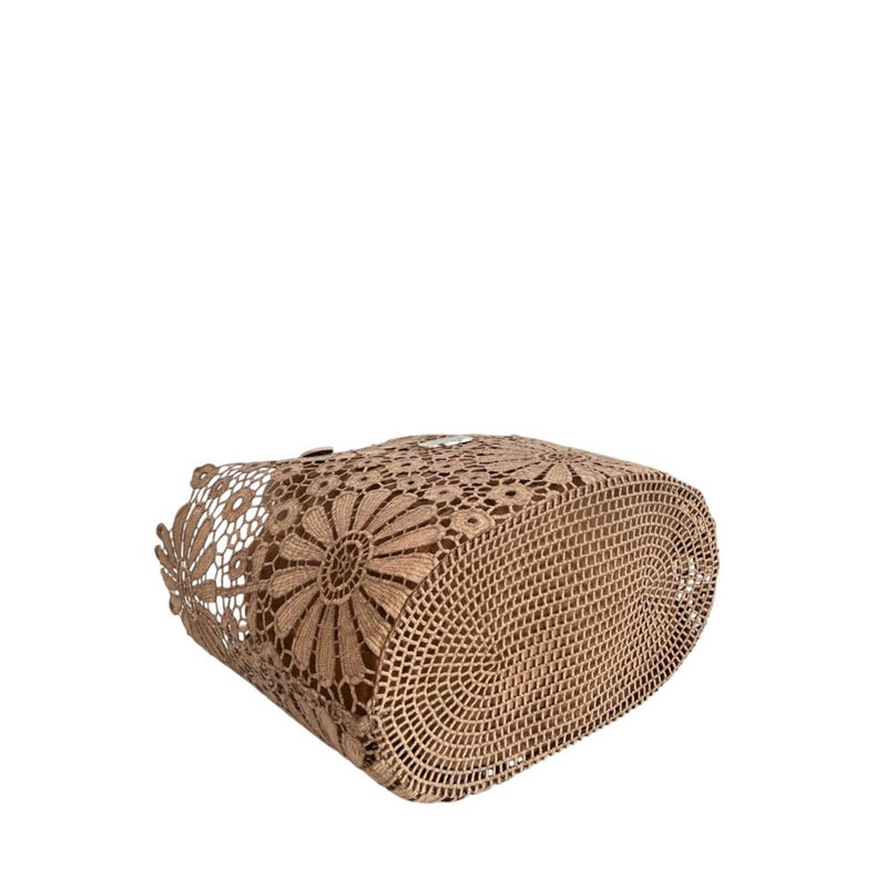 Brown woven PU women handbag with floral lace pattern