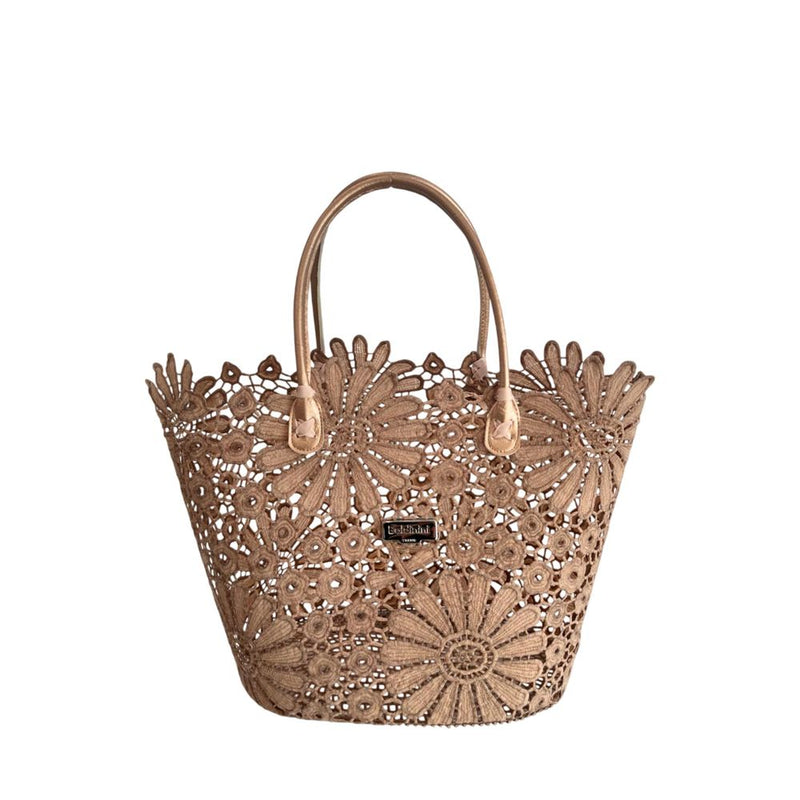 Brown floral lace tote bag with PU leather handles