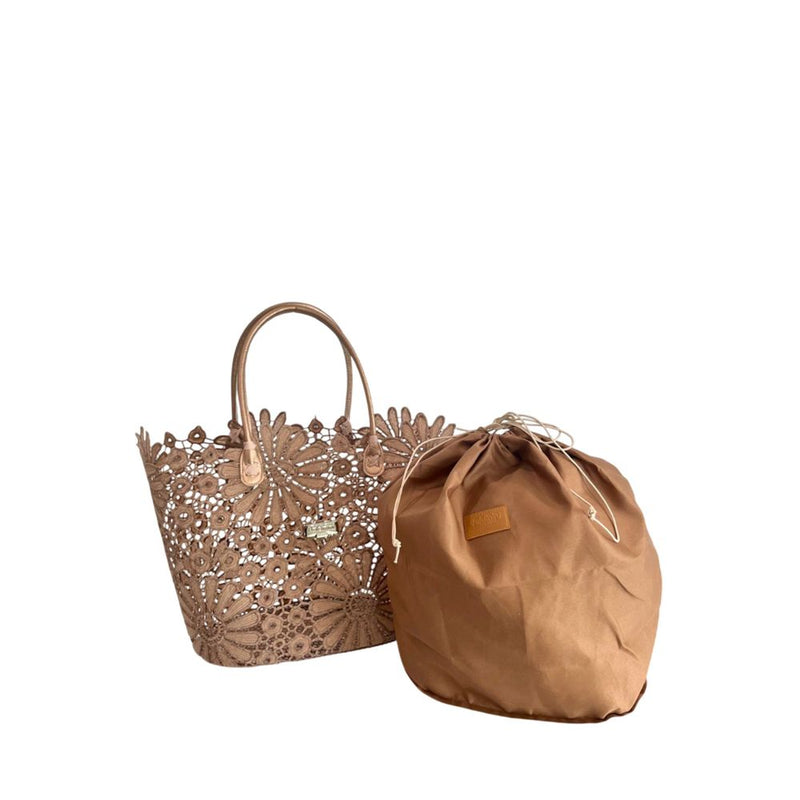 Brown PU floral lace tote handbag with matching drawstring pouch