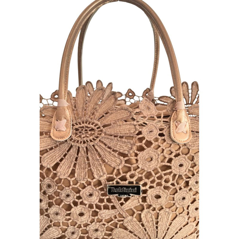 Brown PU women handbag featuring intricate floral lace overlay and dual top handles
