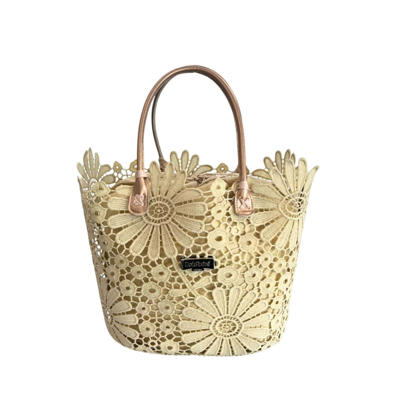 Beige PU women's handbag featuring intricate floral lace overlay and rose gold top handles