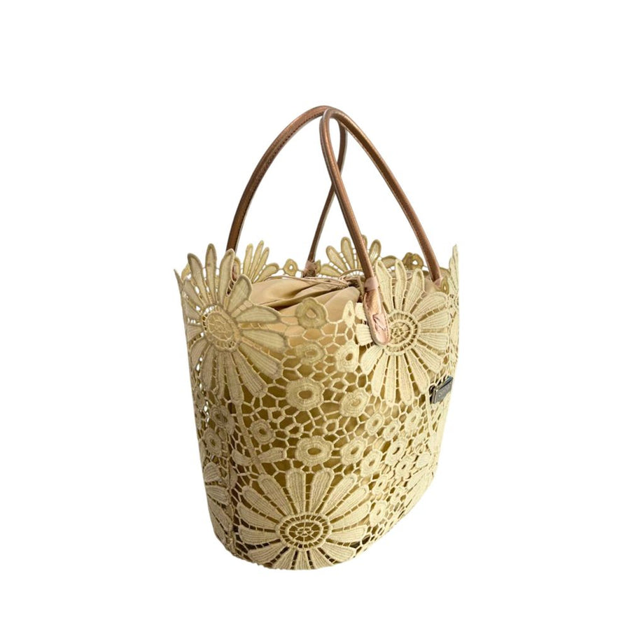 Beige PU women's handbag featuring intricate floral lace overlay and rose gold top handles