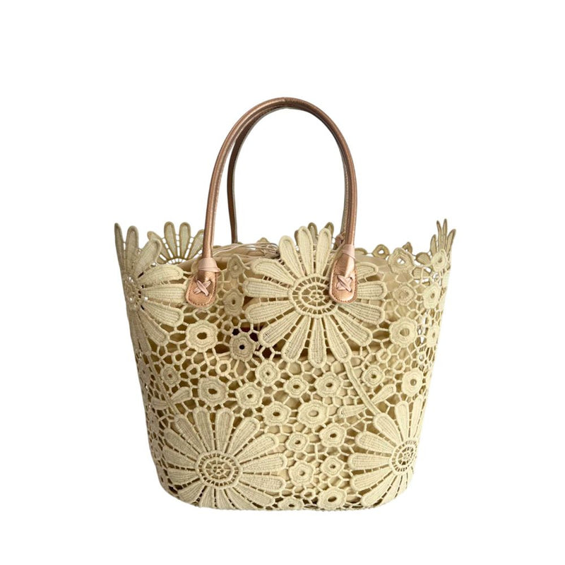 Beige lace tote handbag with daisy patterns and brown handles