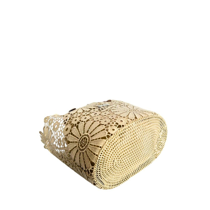 Beige crochet PU women handbag with floral lace pattern
