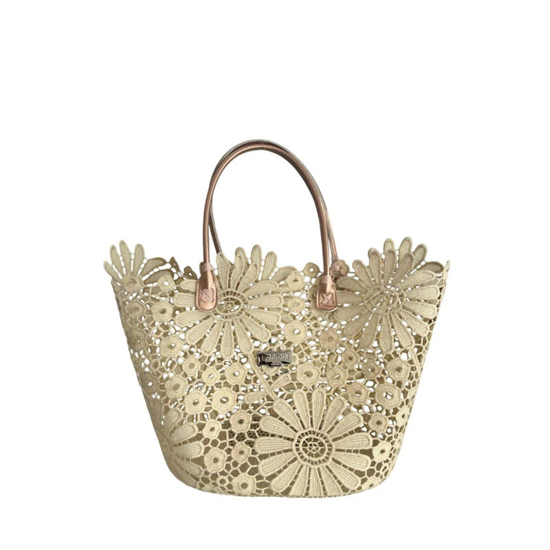 Beige floral lace tote handbag with metallic handles and front logo plate