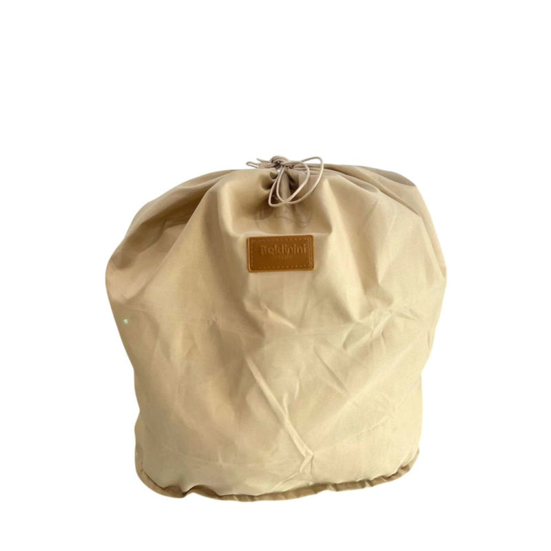 Beige PU synthetic dust bag with a drawstring closure and a brown brand logo patch