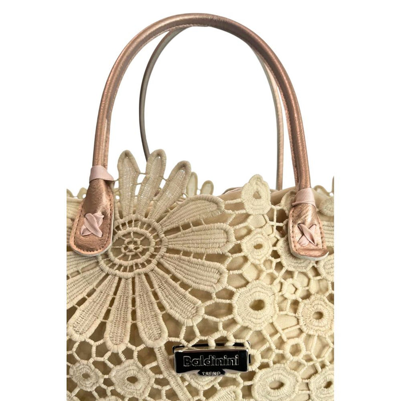 Beige PU women handbag with floral lace overlay and rose gold top handles