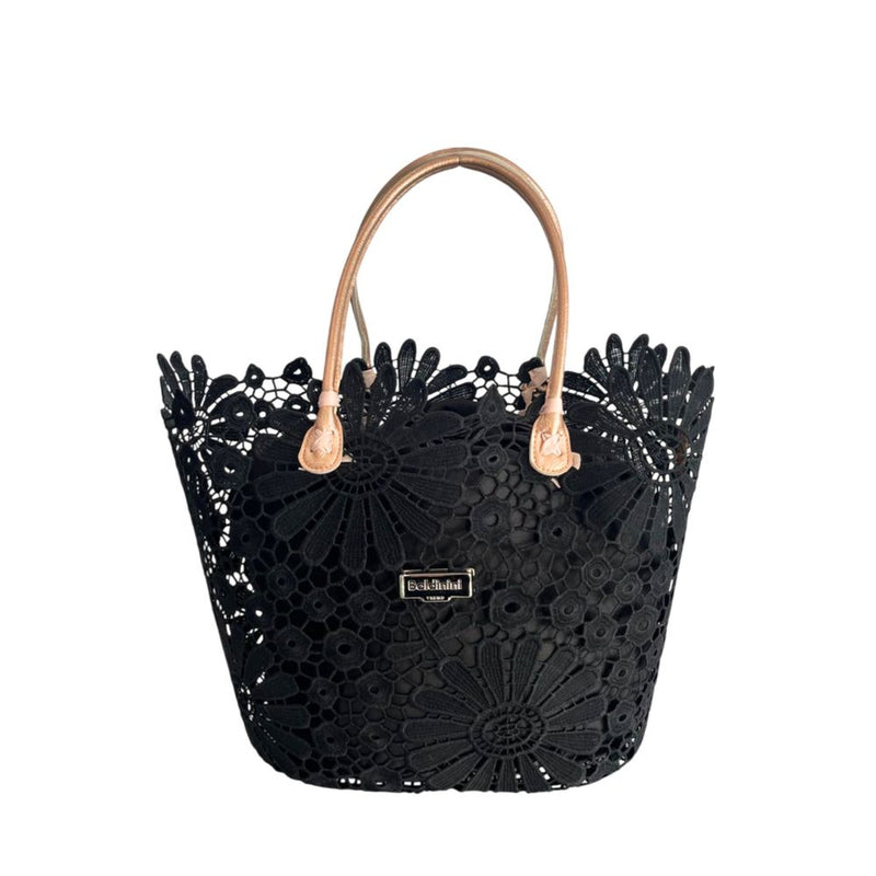 Black PU lace women handbag with floral patterns and tan leather handles