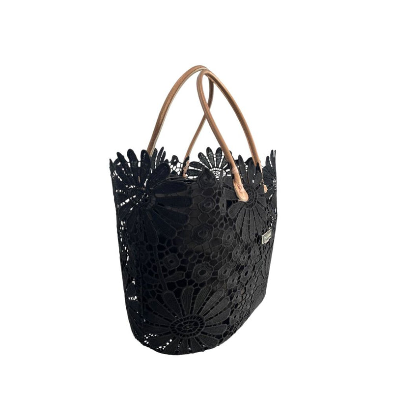 Black lace tote bag with floral patterns and brown leather handles