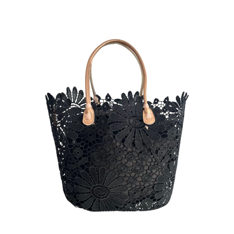 Black lace women handbag with brown handles and floral pattern