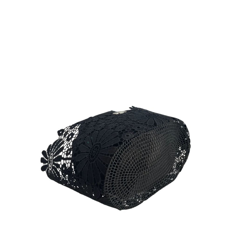 Black PU women handbag with floral lace pattern and structured base