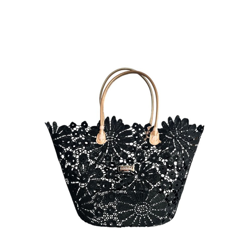 Black lace tote handbag with floral pattern and tan leather handles