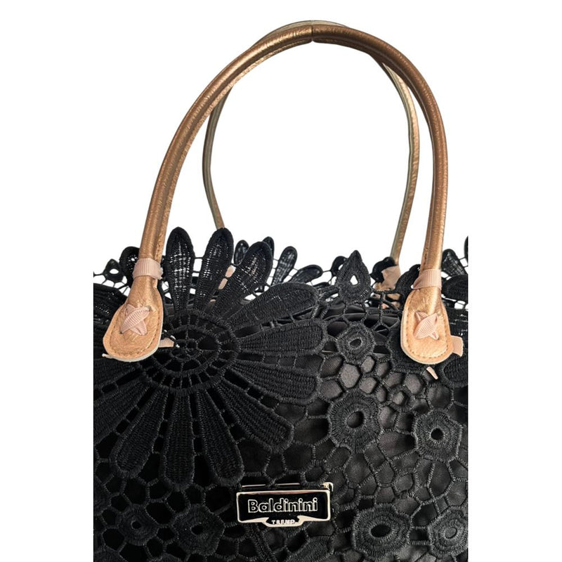 Black floral lace PU women handbag with metallic gold handles